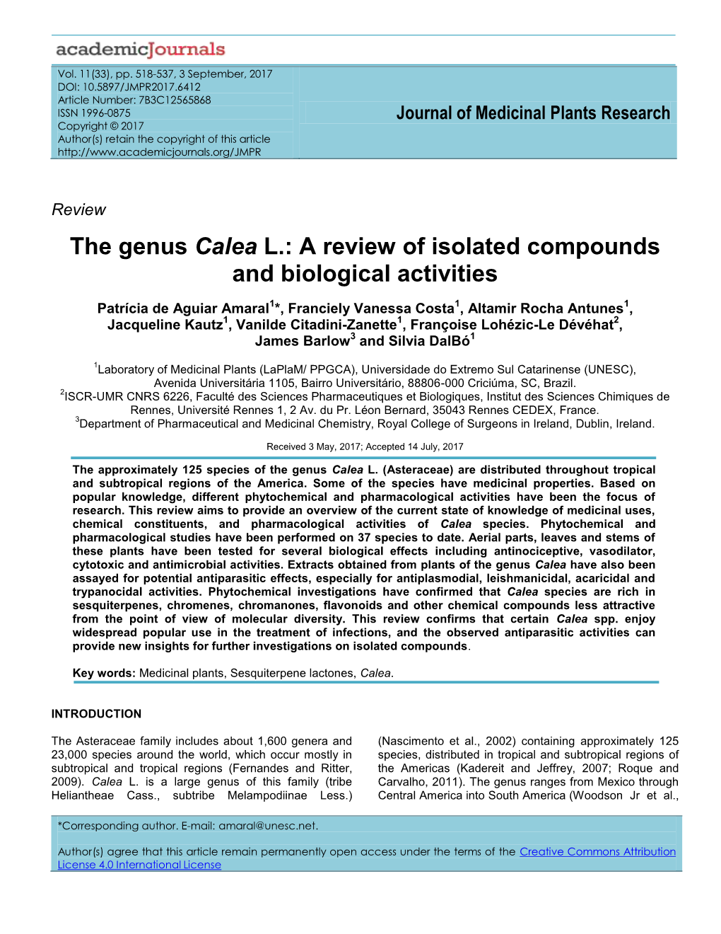 The Genus Calea L.: a Review of Isolated Compounds and Biological Activities