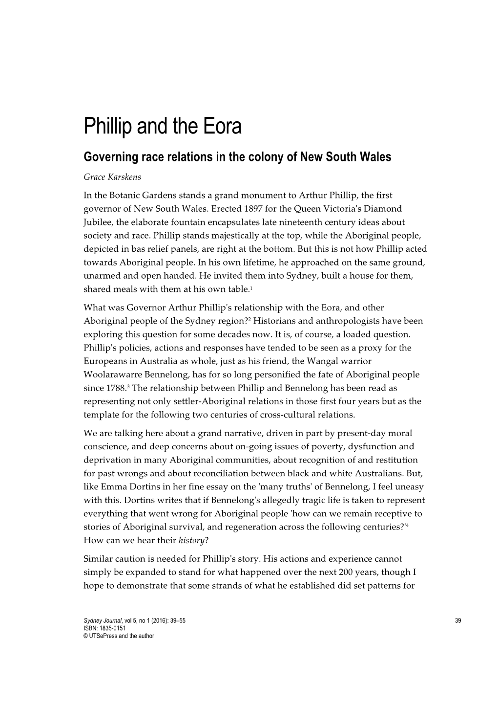 Phillip and the Eora Governing Race Relations in the Colony of New South Wales