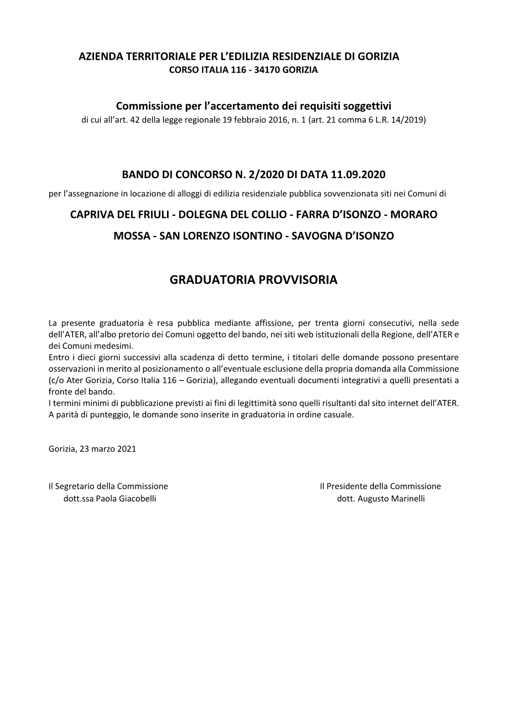 Graduatoria Provvisoria