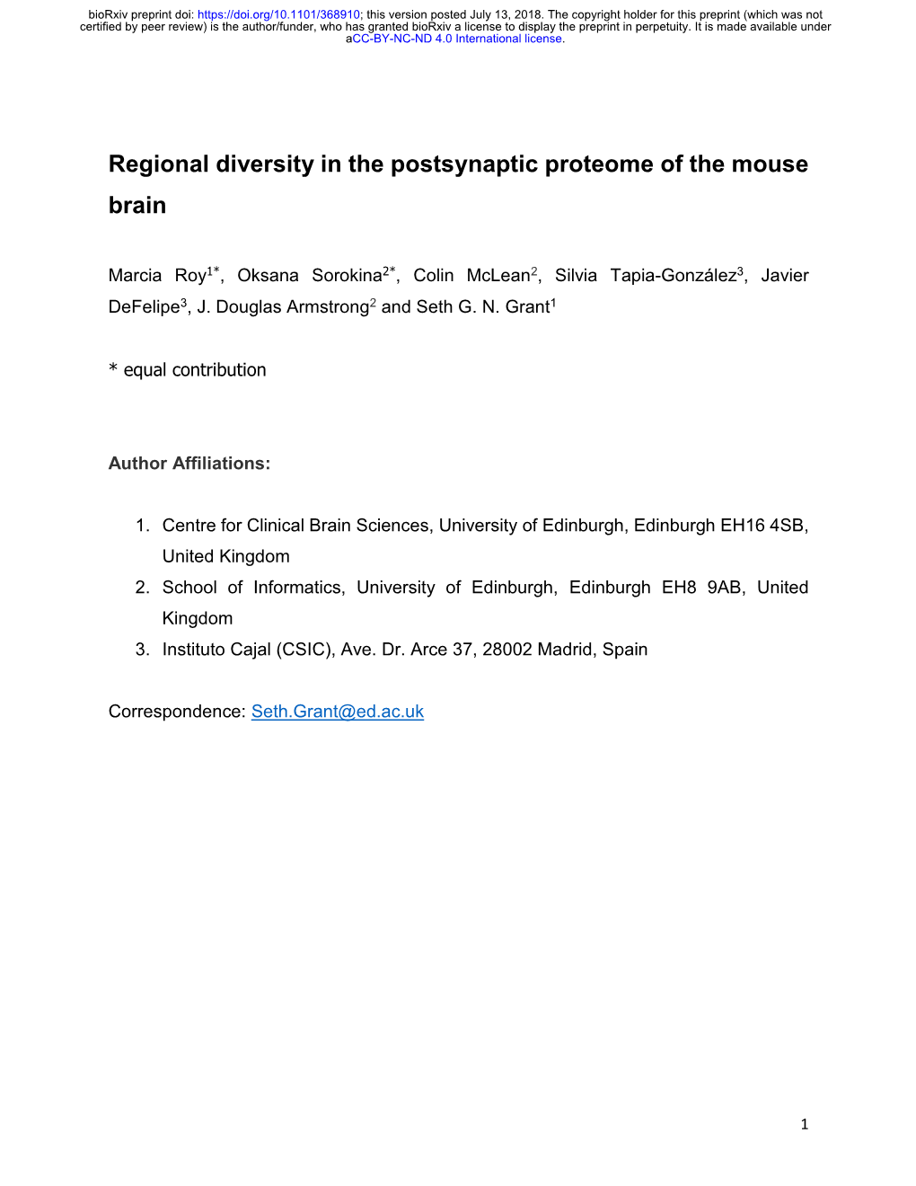 Regional Diversity in the Postsynaptic Proteome of the Mouse Brain