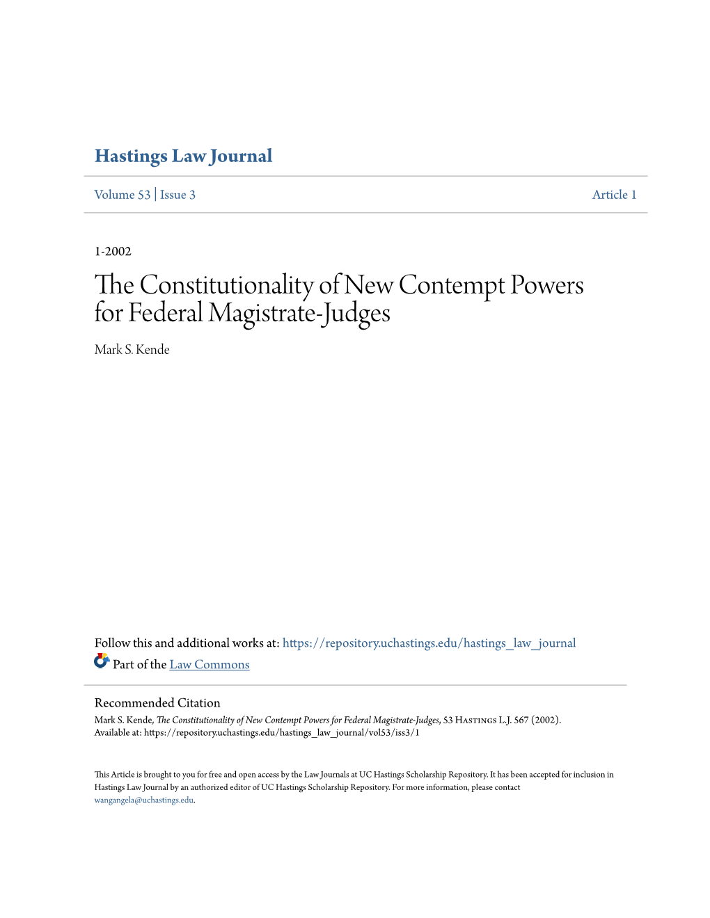 The Constitutionality of New Contempt Powers for Federal Magistrate-Judges, 53 Hastings L.J