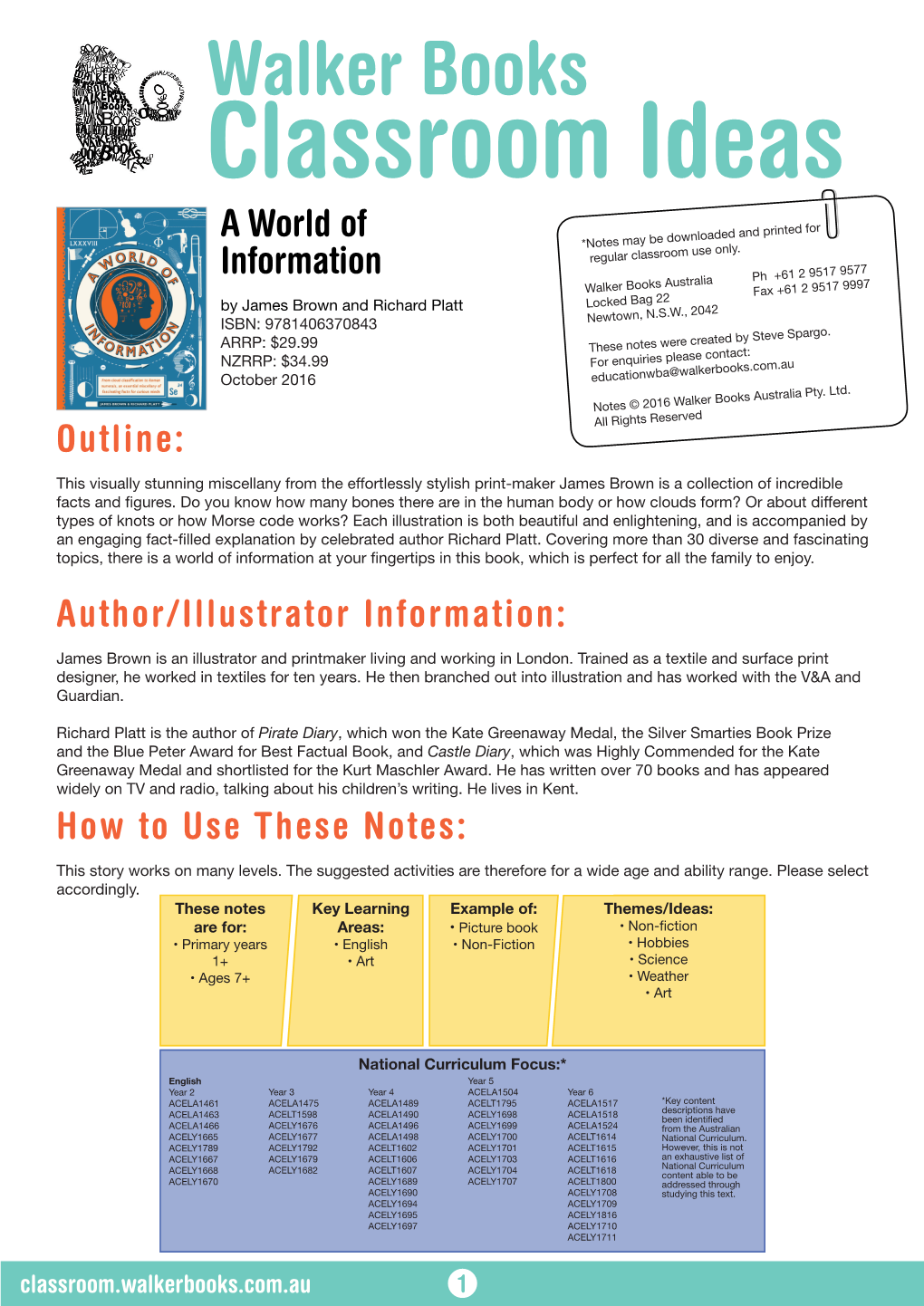 Classroom Ideas a World of *Notes May Be Downloaded and Printed for Regular Classroom Use Only