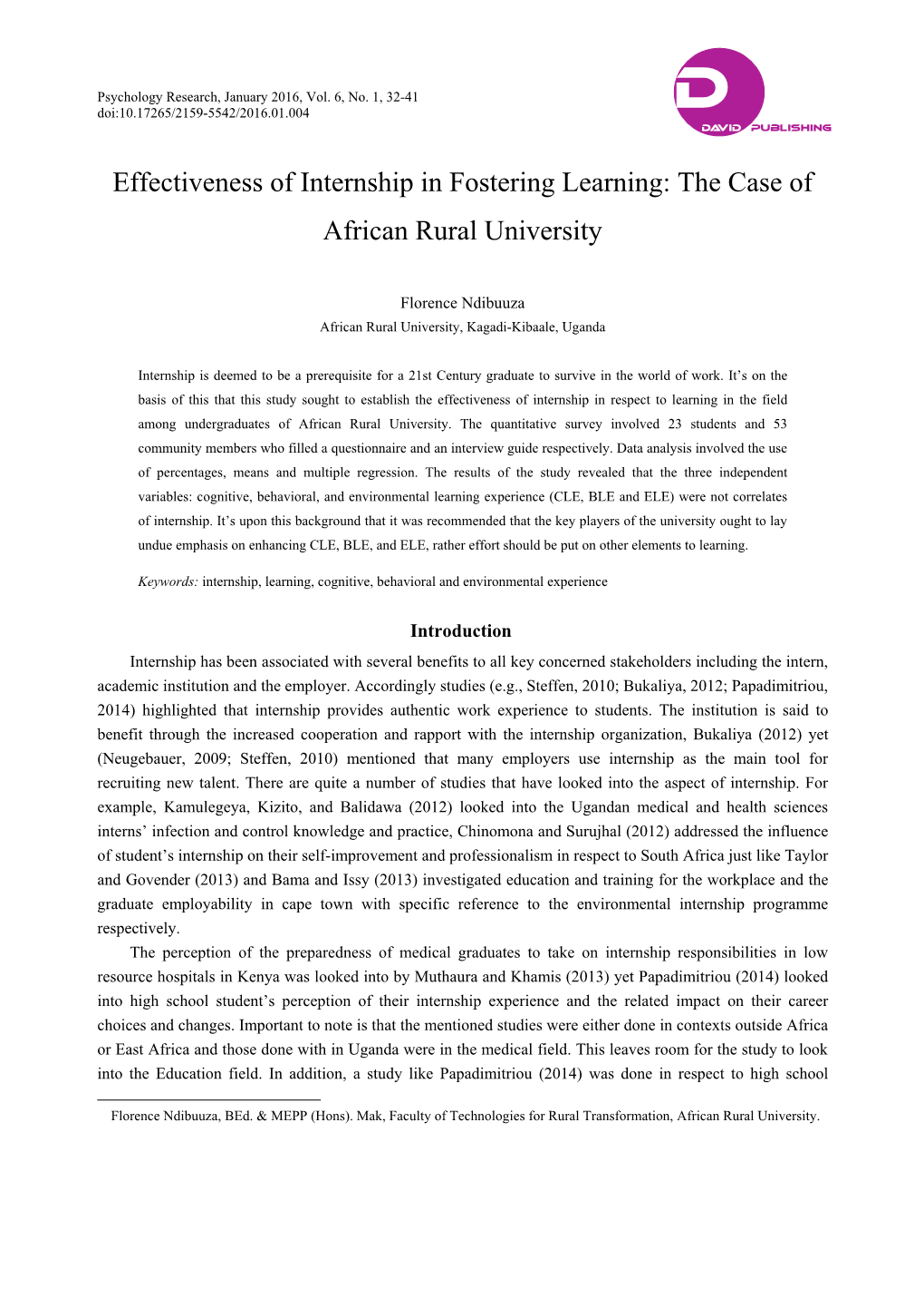 Effectiveness of Internship in Fostering Learning: the Case of African Rural University