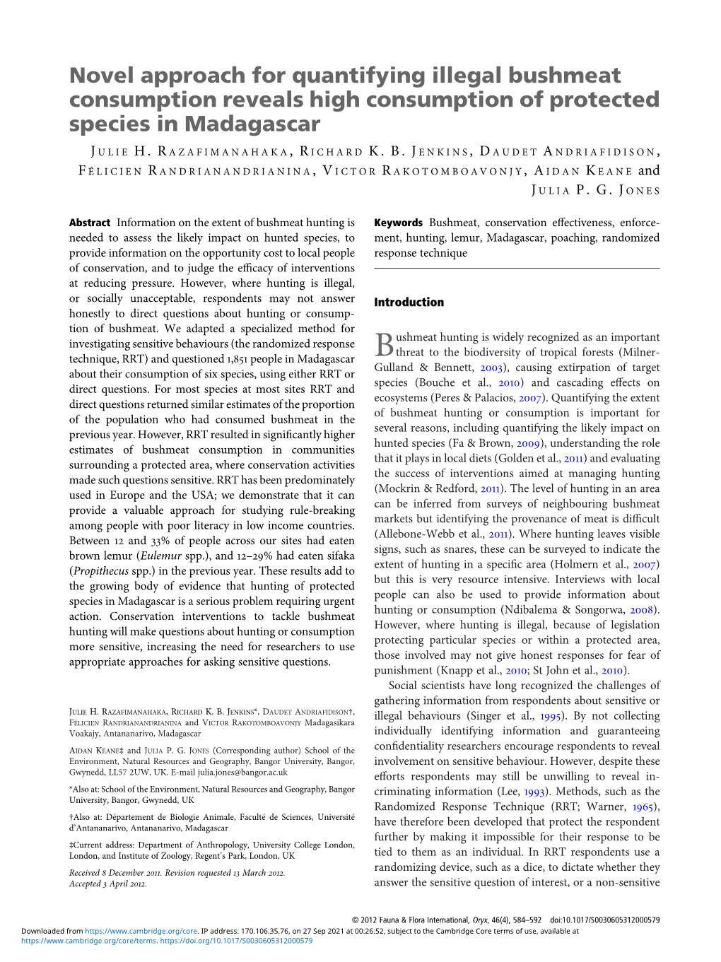 Novel Approach for Quantifying Illegal Bushmeat Consumption Reveals High Consumption of Protected Species in Madagascar