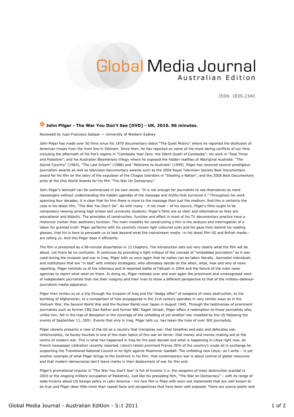 Global Media Journal - Australian Edition - 5:1 2011 1 of 2 Expressive Elements in “The War You Don’T See”
