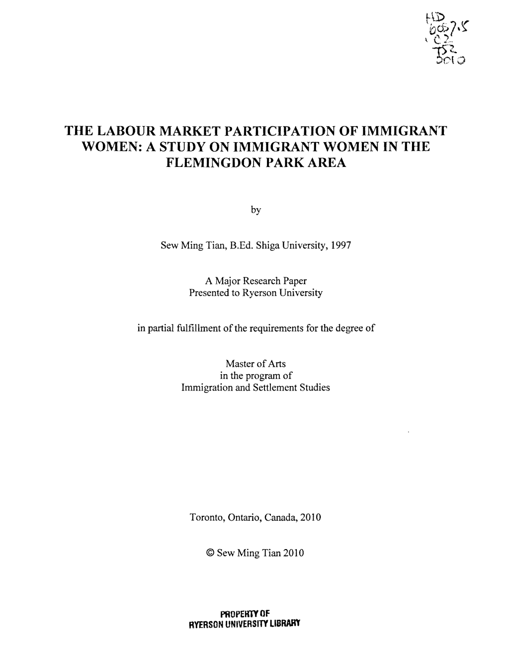 A Study on Immigrant Women in the Flemingdon Park Area