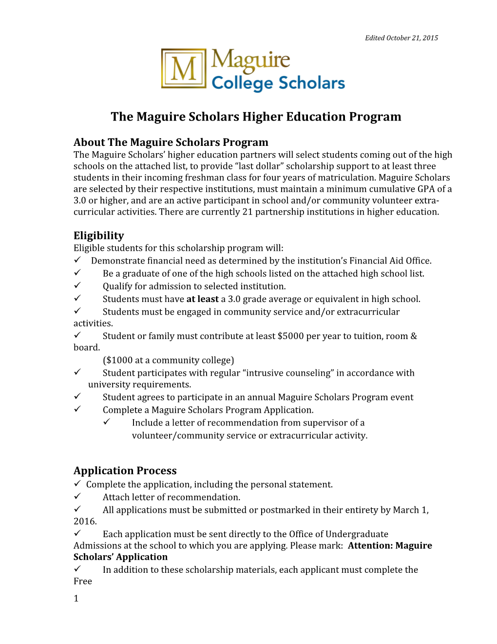 The Maguire Scholars Higher Education Program