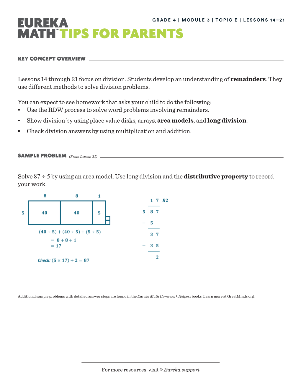 Solve 87 ÷ 5 by Using an Area Model. Use Long Division and the Distributive Property to Record Your Work. Lessons 14 Through 21