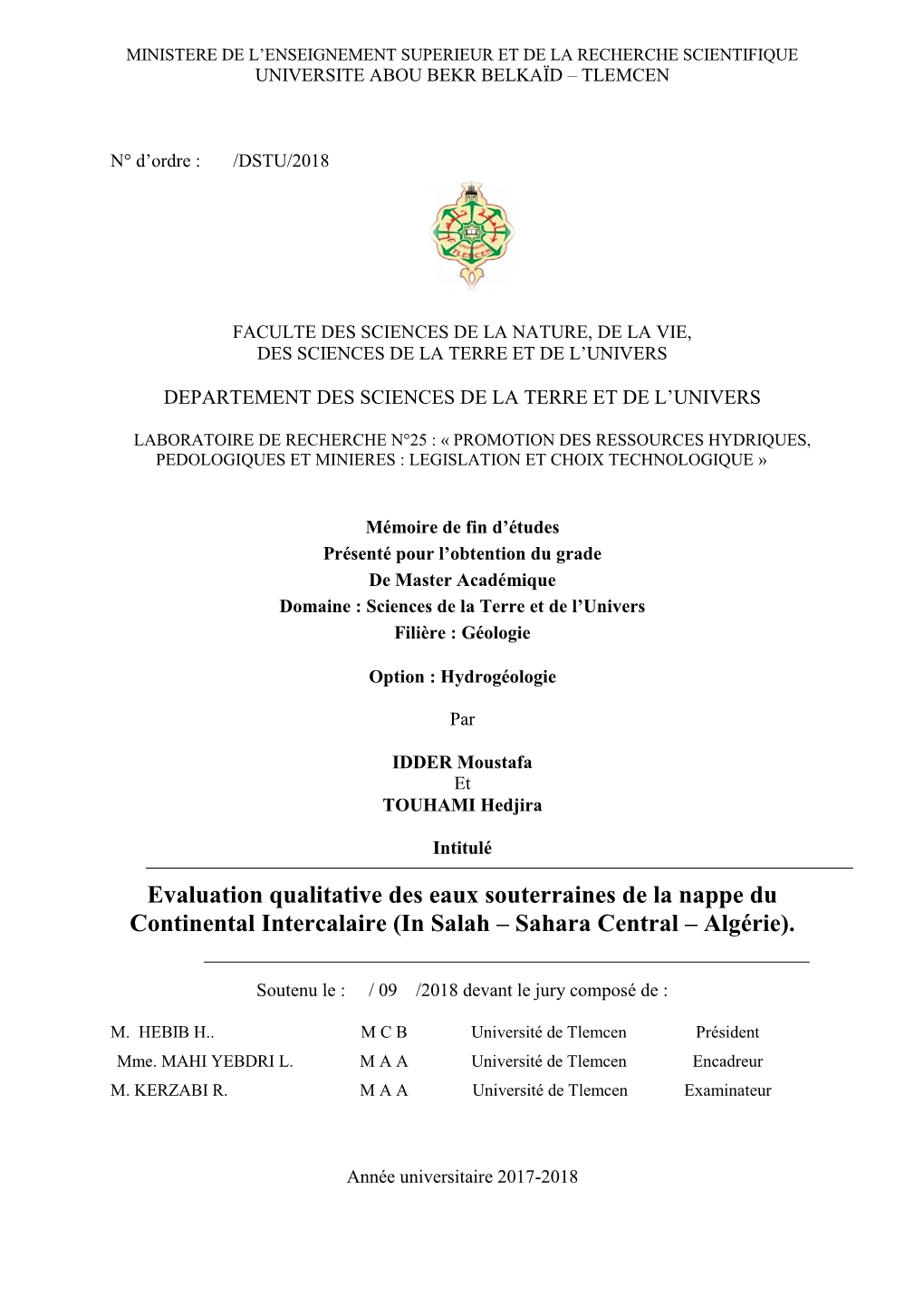 Evaluation Qualitative Des Eaux Souterraines De La Nappe Du Continental Intercalaire (In Salah – Sahara Central – Algérie)