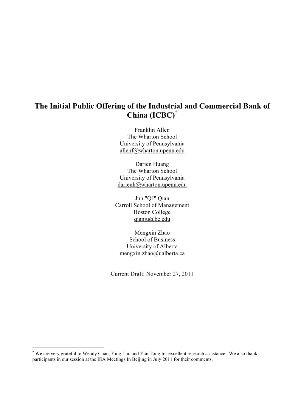 The Initial Public Offering of the Industrial and Commercial Bank of China (ICBC)