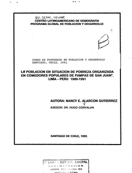 La Poblacion En Situacion De Pobreza Organizada En Comedores Populares De Pampas De San Juan". Lima-Peru 1989-1991 Autora