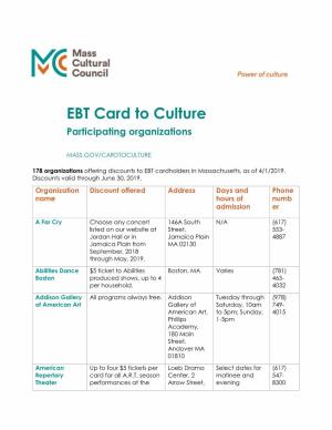 EBT Card to Culture Participating Organizations