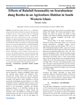 Effects of Rainfall Seasonality on Scarabaeinae Dung Beetles in an Agriculture Habitat in South Western Ghats Thomas Latha