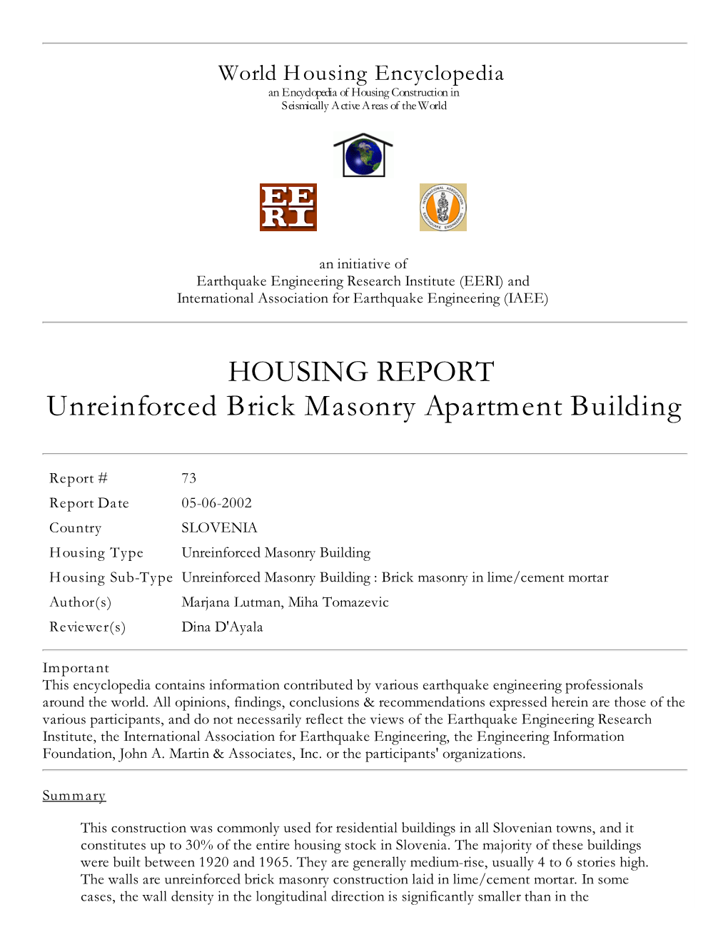 HOUSING REPORT Unreinforced Brick Masonry Apartment Building