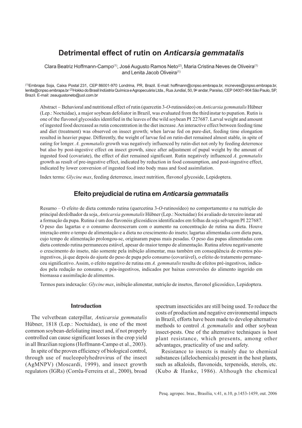 Detrimental Effect of Rutin on Anticarsia Gemmatalis 1453