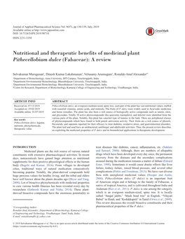 Nutritional and Therapeutic Benefits of Medicinal Plant Pithecellobium Dulce (Fabaceae): a Review