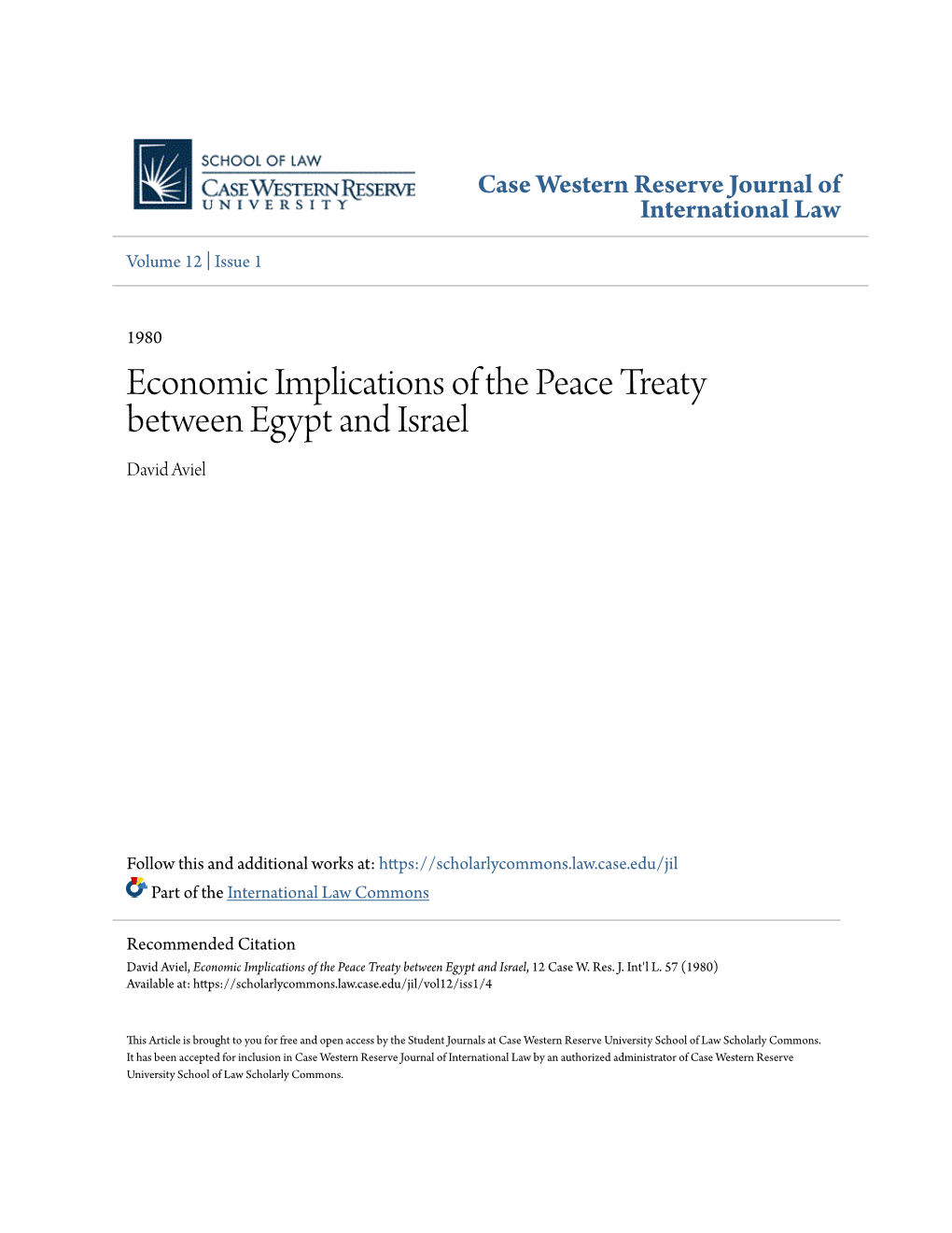 Economic Implications of the Peace Treaty Between Egypt and Israel David Aviel