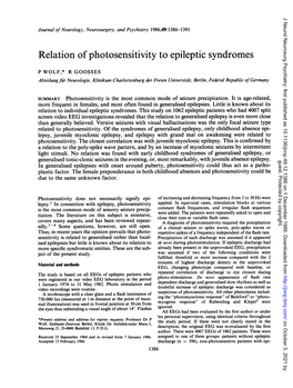Relation of Photosensitivity to Epileptic Syndromes