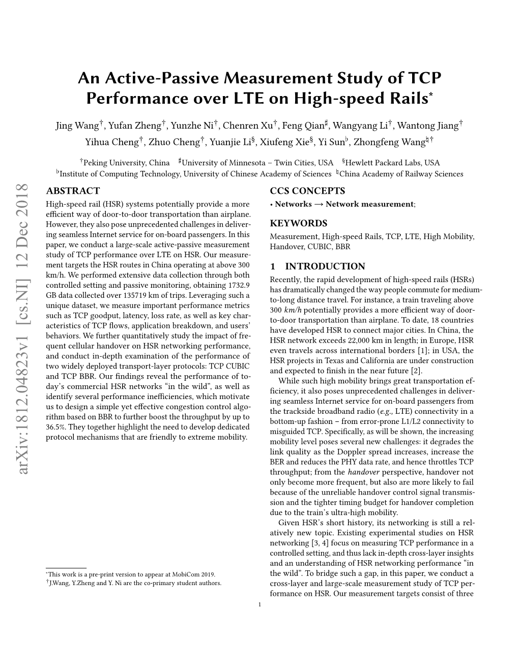 An Active-Passive Measurement Study of TCP Performance Over LTE on High-Speed Rails∗