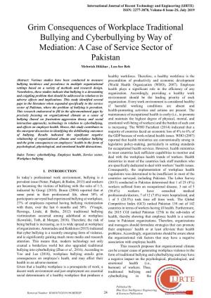 Grim Consequences of Workplace Traditional Bullying and Cyberbullying by Way of Mediation: a Case of Service Sector of Pakistan Mehwish Iftikhar , Loo-See Beh