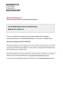 Social Media Measurement and Monitoring Mukesh, M. and Rao, A