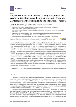 Impact of CYP2C9 and VKORC1 Polymorphisms on Warfarin Sensitivity and Responsiveness in Jordanian Cardiovascular Patients During the Initiation Therapy