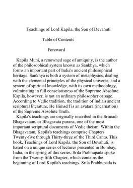 Teachings of Lord Kapila, the Son of Devahuti Table of Contents