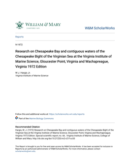 Research on Chesapeake Bay and Contiguous Waters of the Chesapeake Bight of the Virginian Sea at the Virginia Institute of Marin