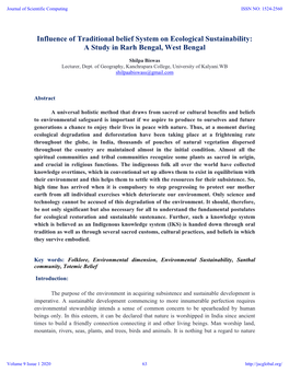 Influence of Traditional Belief System on Ecological Sustainability: a Study in Rarh Bengal, West Bengal