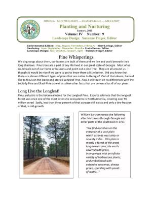 Planting and Nurturing January, 2020 Volume: IV Number: 9 Landscape Design: Suzanne Finger, Editor