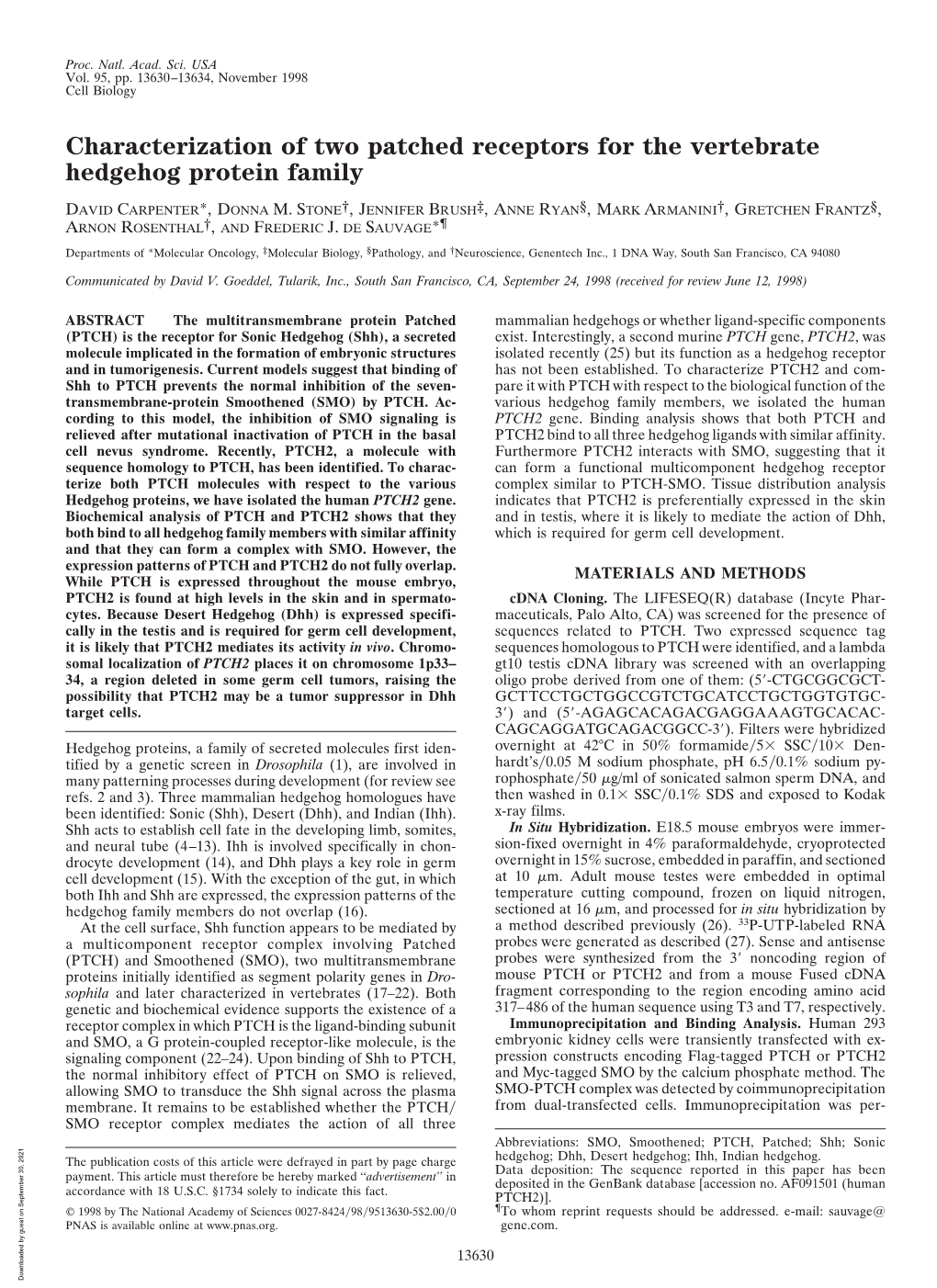 Characterization of Two Patched Receptors for the Vertebrate Hedgehog Protein Family