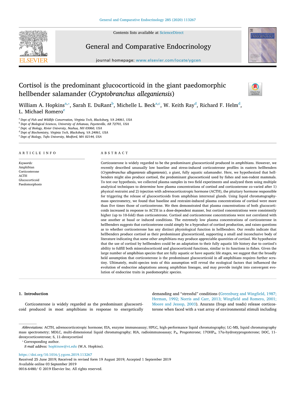 Hopkins Et Al. 2020 Cortisol and Giant Salamanders