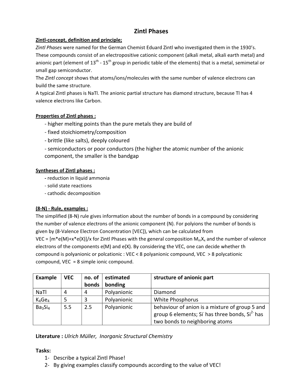 Zintl Phases Zintl‐Concept, Definition and Principle; Zintl Phases Were Named for the German Chemist Eduard Zintl Who Investigated Them in the 1930’S