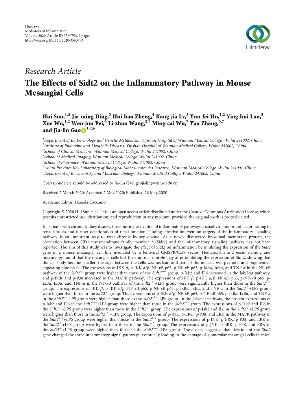 Research Article the Effects of Sidt2 on the Inflammatory Pathway in Mouse Mesangial Cells