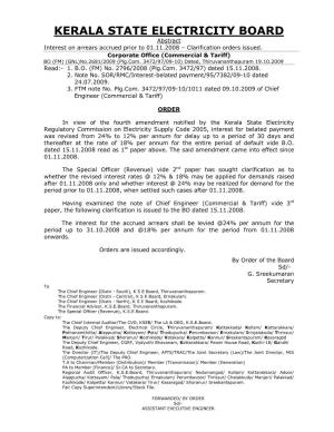 KERALA STATE ELECTRICITY BOARD Abstract Interest on Arrears Accrued Prior to 01.11.2008 – Clarification Orders Issued
