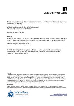 Corporate Reorganisation Law Reform in China: Findings from a Province of Zhejiang