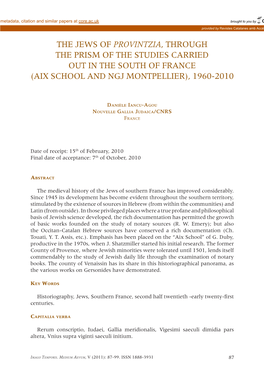 The Jews of Provintzia, Through the Prism of the Studies Carried out in the South of France (Aix School and NGJ Montpellier), 1960-2010