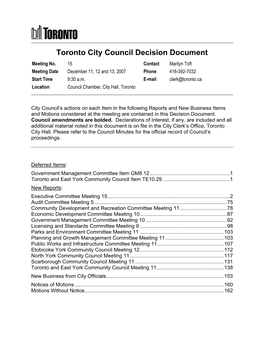 Toronto City Council Decision Document Meeting No