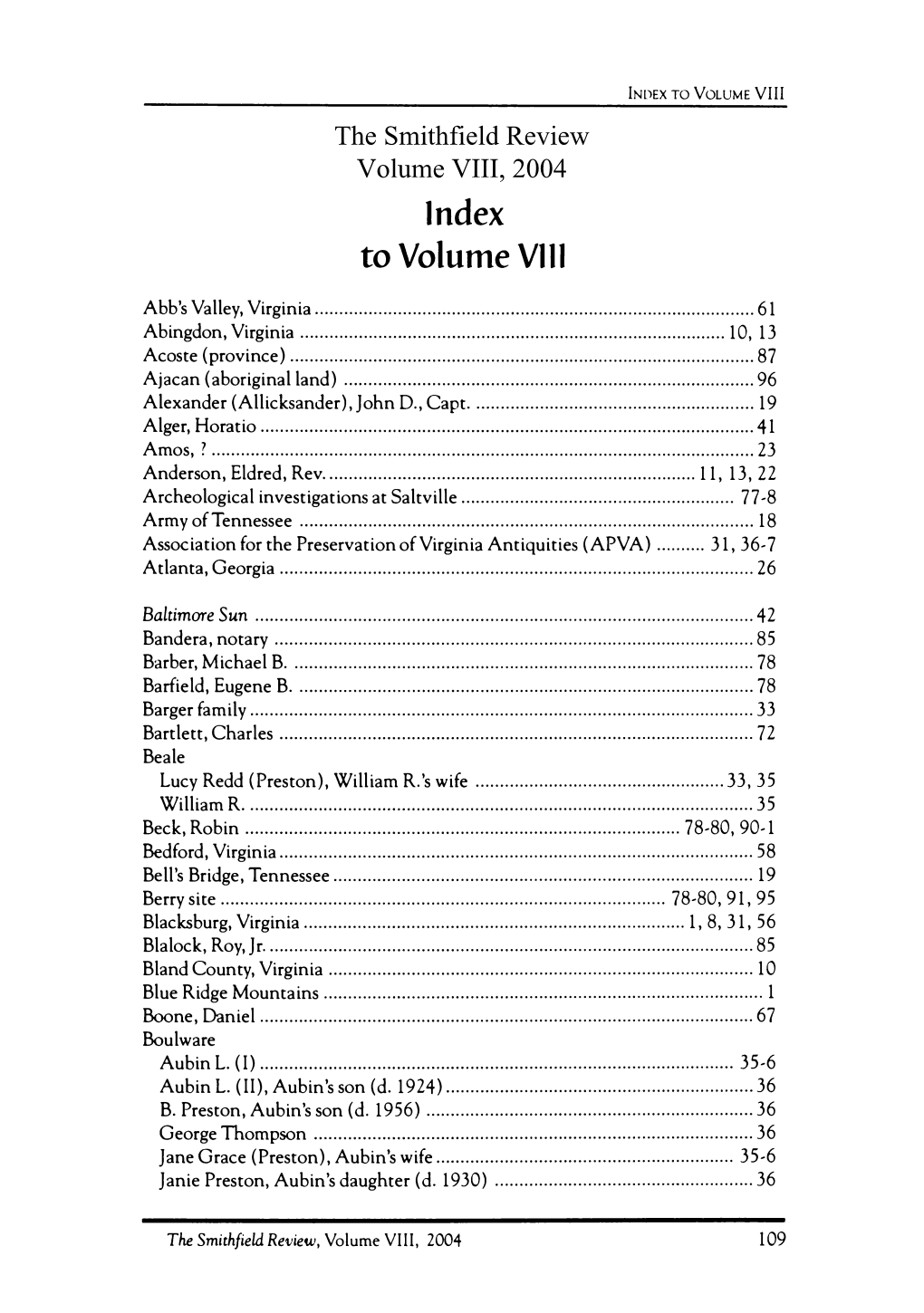 The Smithfield Review Volume VIII, 2004 Index