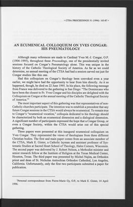 An Ecumenical Colloquium on Yves Congar: His Pneumatology