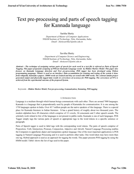 Text Pre-Processing and Parts of Speech Tagging for Kannada Language