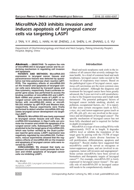 Microrna-203 Inhibits Invasion and Induces Apoptosis of Laryngeal Cancer Cells Via Targeting LASP1