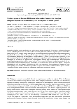 Redescription of the Rare Philippine False Gecko Pseudogekko Brevipes (Reptilia: Squamata: Gekkonidae) and Description of a New Species