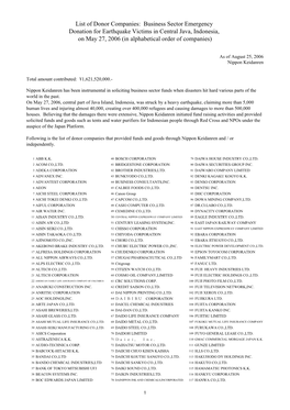 List of Donor Companies: Business Sector Emergency Donation for Earthquake Victims in Central Java, Indonesia, on May 27, 2006 (In Alphabetical Order of Companies)