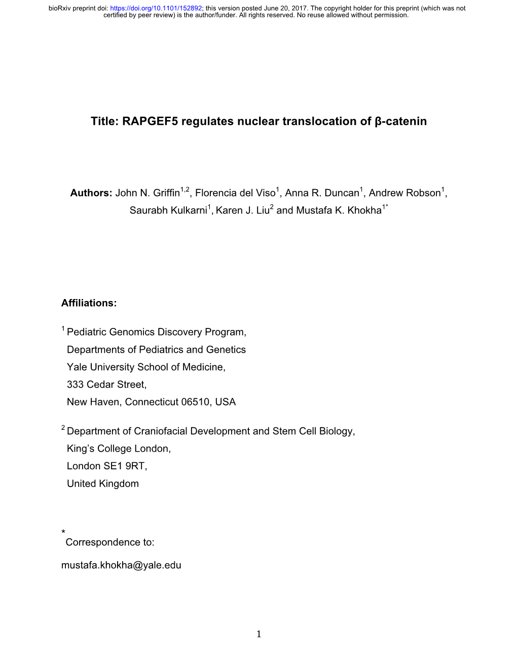 RAPGEF5 Regulates Nuclear Translocation of Β-Catenin