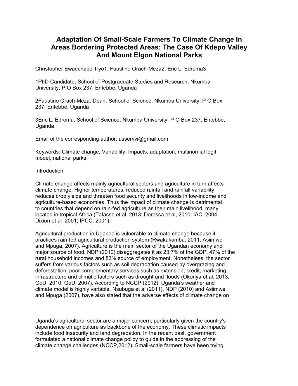 Adaptation of Small-Scale Farmers to Climate Change in Areas Bordering Protected Areas: the Case of Kdepo Valley and Mount Elgon National Parks