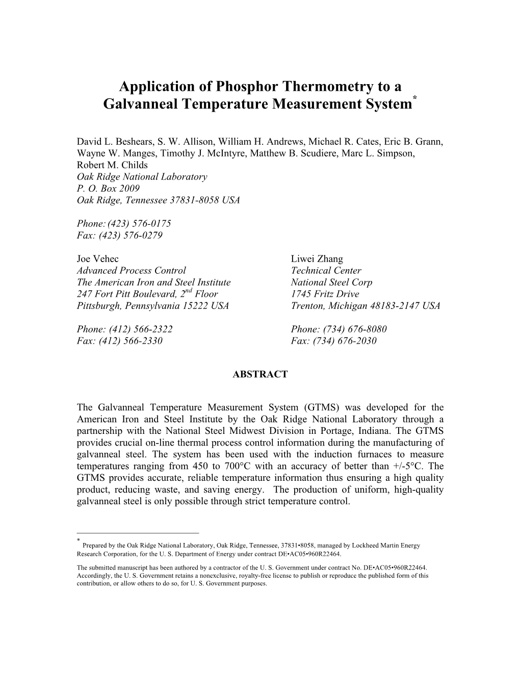 Application of Phosphor Thermometry to a Galvanneal Temperature Measurement System*