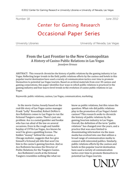 From the Last Frontier to the New Cosmopolitan a History of Casino Public Relations in Las Vegas Jessalynn Strauss