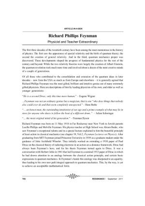 Richard Phillips Feynman Physicist and Teacher Extraordinary