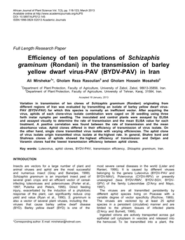 Efficiency of Ten Populations of Schizaphis Graminum (Rondani) in the Transmission of Barley Yellow Dwarf Virus-PAV (BYDV-PAV) in Iran